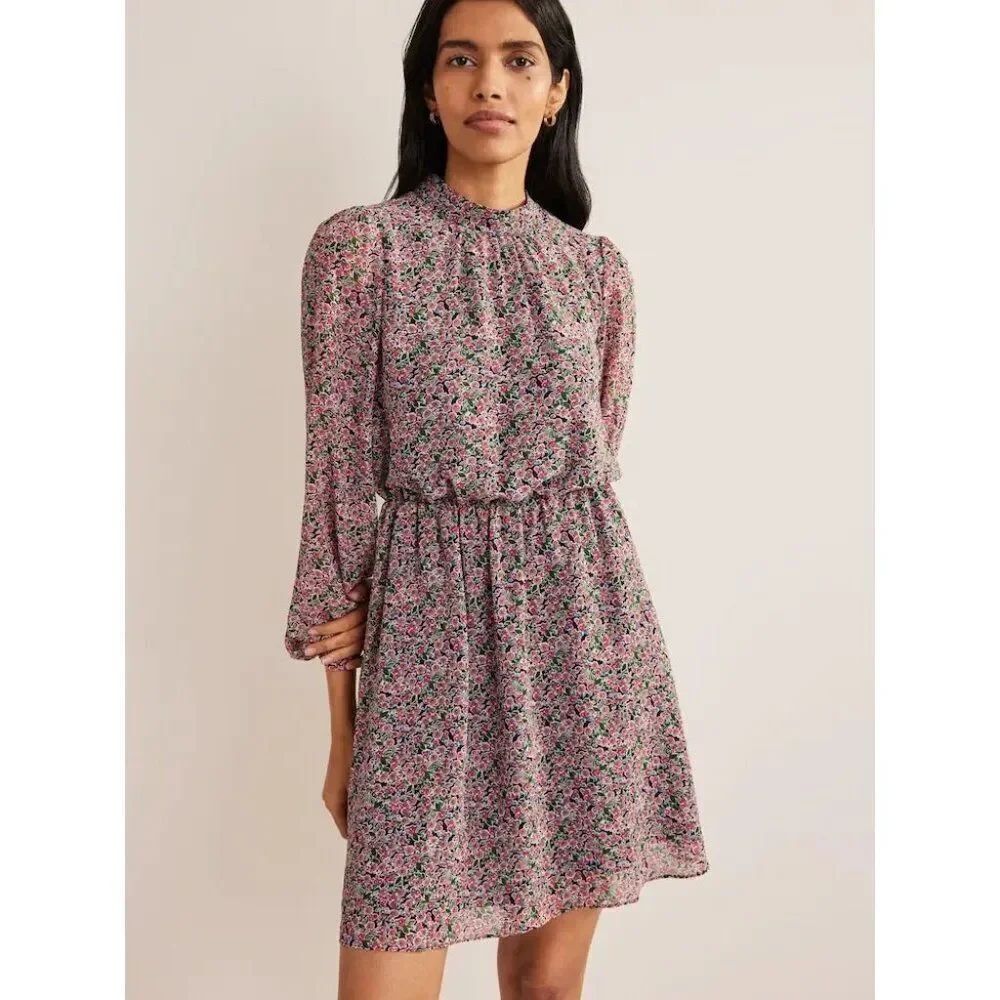 Boden Womens Flippy Mini Dress UK 14R US 10R Navy Blue Pink 3/4 sleeve D0460 NWT